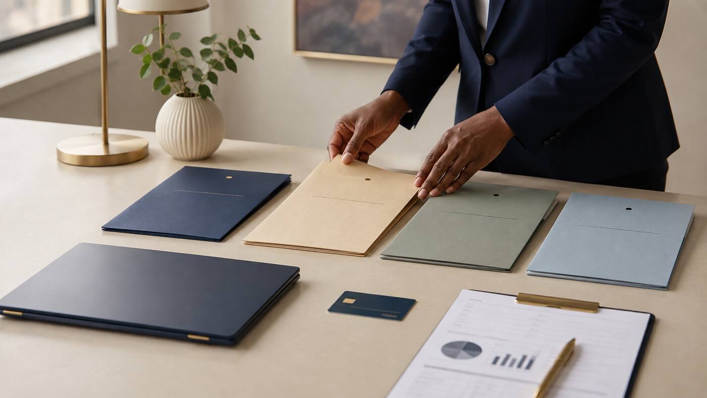 A business owner organizing a sequence of business credit documents