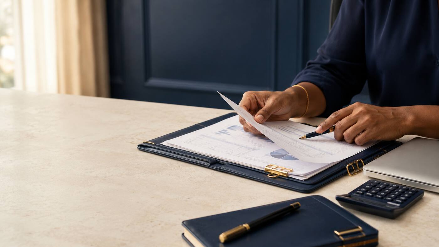 A business owner reviewing organized financial records at an executive desk